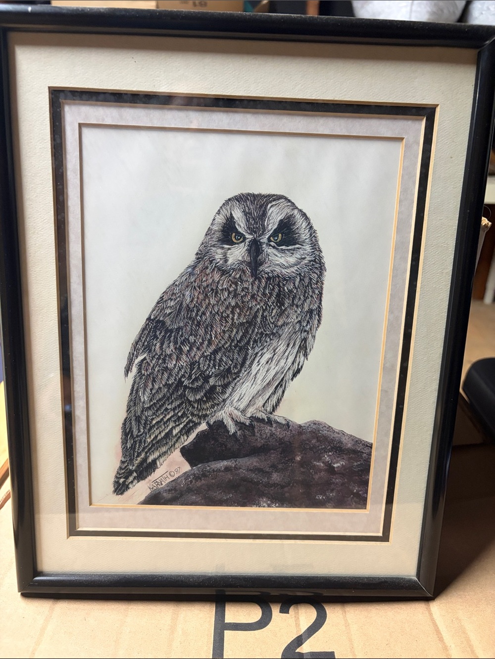 Unbranded Grey Owl Illustration in Black Frame